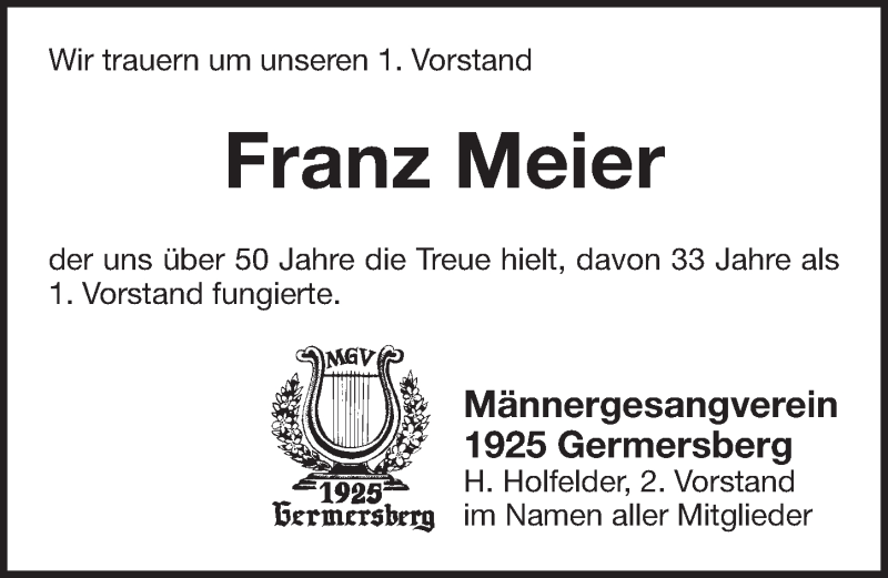  Traueranzeige für Franz Meier vom 25.04.2019 aus Pegnitz-Zeitung