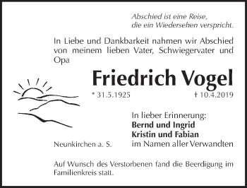 Traueranzeige von Friedrich Vogel von Pegnitz-Zeitung