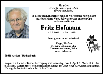 Traueranzeige von Fritz Hofmann von Der Bote