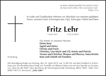 Traueranzeige von Fritz Lehr von Pegnitz-Zeitung