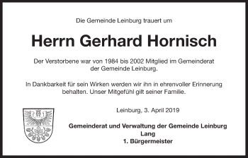 Traueranzeige von Gerhard Hornisch von Der Bote