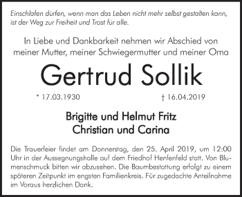 Traueranzeige von Gertrud Sollik von Hersbrucker Zeitung