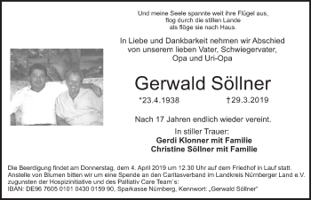 Traueranzeige von Gerwald Söllner von Pegnitz-Zeitung