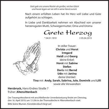 Traueranzeige von Grete Herzog von Hersbrucker Zeitung