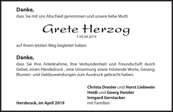 Traueranzeige von Grete Herzog von Hersbrucker Zeitung