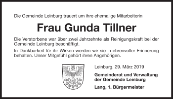 Traueranzeige von Gunda Tillner von Pegnitz-Zeitung