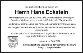 Traueranzeige von Hans Eckstein von Der Bote