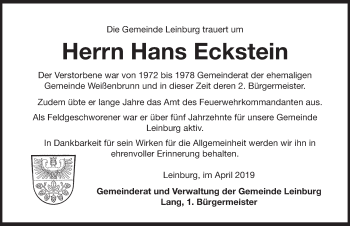 Traueranzeige von Hans Eckstein von Pegnitz-Zeitung