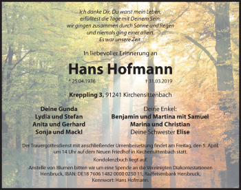 Traueranzeige von Hans Hofmann von Hersbrucker Zeitung