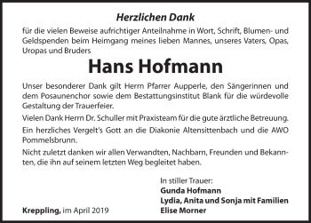 Traueranzeige von Hans Hofmann von Hersbrucker Zeitung