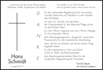 Traueranzeige von Hans Schmidt von Hersbrucker Zeitung
