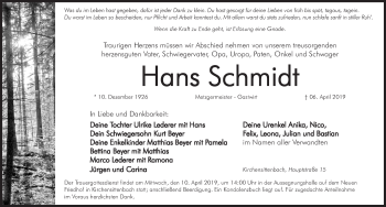 Traueranzeige von Hans Schmidt von Hersbrucker Zeitung