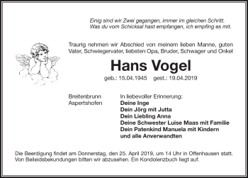Traueranzeige von Hans Vogel von Hersbrucker Zeitung