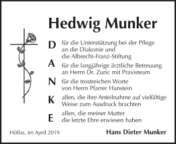 Traueranzeige von Hedwig Munker von Pegnitz-Zeitung