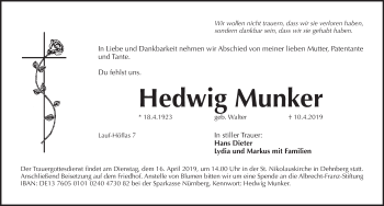Traueranzeige von Hedwig Munker von Pegnitz-Zeitung