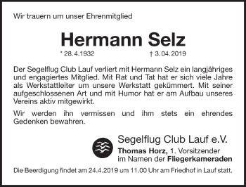 Traueranzeige von Hermann Selz von Pegnitz-Zeitung