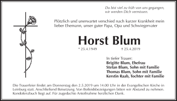 Traueranzeige von Horst Blum von Pegnitz-Zeitung