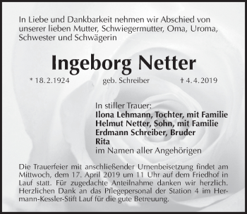 Traueranzeige von Ingeborg Netter von Pegnitz-Zeitung