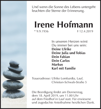 Traueranzeige von Irene Hofmann von Pegnitz-Zeitung