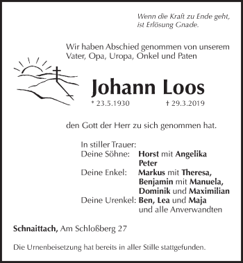 Traueranzeige von Johann Loos von Pegnitz-Zeitung