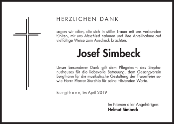Traueranzeige von Josef Simbeck von Der Bote