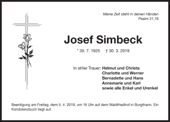 Traueranzeige von Josef Simbeck von Der Bote
