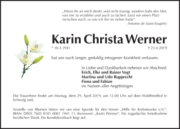 Traueranzeige von Karin Christa Werner von Pegnitz-Zeitung
