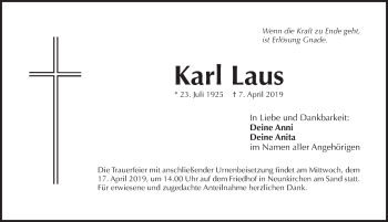 Traueranzeige von Karl Laus von Pegnitz-Zeitung