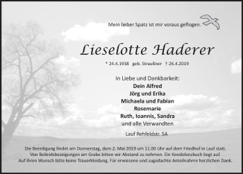 Traueranzeige von Lieselotte Haderer von Pegnitz-Zeitung