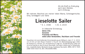 Traueranzeige von Lieselotte Sailer von Der Bote