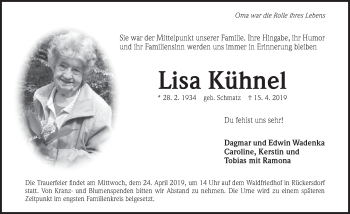 Traueranzeige von Lisa Kühnel von Pegnitz-Zeitung