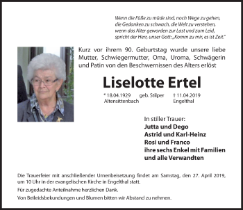 Traueranzeige von Liselotte Ertel von Hersbrucker Zeitung