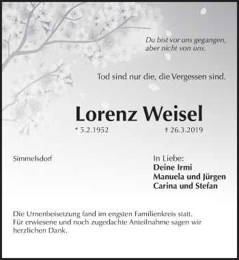 Traueranzeige von Lorenz Weisel von Pegnitz-Zeitung