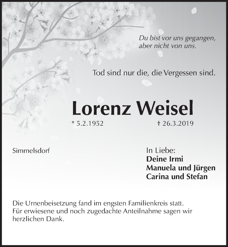  Traueranzeige für Lorenz Weisel vom 27.04.2019 aus Pegnitz-Zeitung