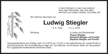 Traueranzeige von Ludwig Stiegler von Der Bote