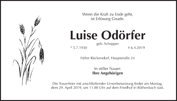 Traueranzeige von Luise Odörfer von Pegnitz-Zeitung