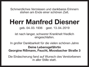 Traueranzeige von Manfred Diesner von Der Bote