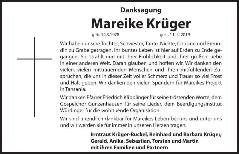  Traueranzeige für Mareike Krüger vom 24.04.2019 aus Hersbrucker Zeitung