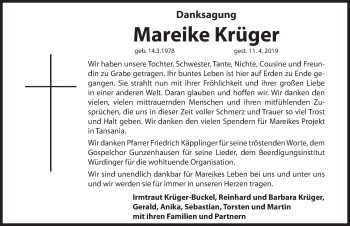 Traueranzeige von Mareike Krüger von Hersbrucker Zeitung