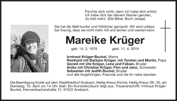 Traueranzeige von Mareike Krüger von Hersbrucker Zeitung