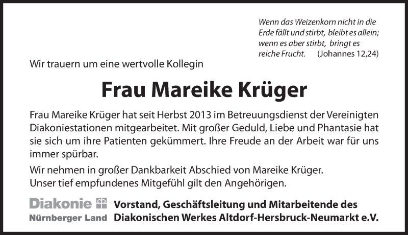  Traueranzeige für Mareike Krüger vom 17.04.2019 aus Hersbrucker Zeitung