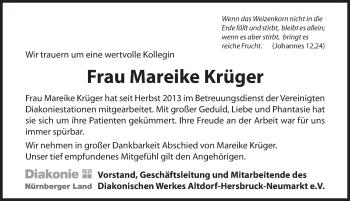 Traueranzeige von Mareike Krüger von Hersbrucker Zeitung