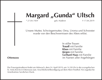 Traueranzeige von Margard Ultsch von Pegnitz-Zeitung