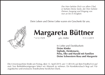 Traueranzeige von Margareta Büttner von Pegnitz-Zeitung