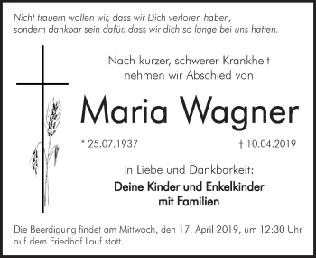 Traueranzeige von Maria Wagner von Pegnitz-Zeitung