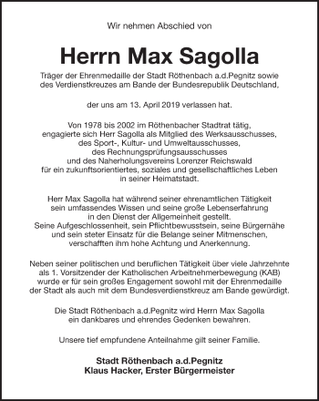 Traueranzeige von Max Sagolla von Pegnitz-Zeitung