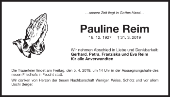 Traueranzeige von Pauline Reim von Der Bote