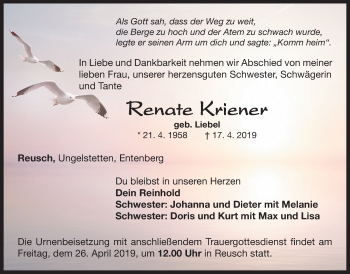 Traueranzeige von Renate Kriener von Der Bote