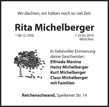 Traueranzeige von Rita Michelberger von Hersbrucker Zeitung