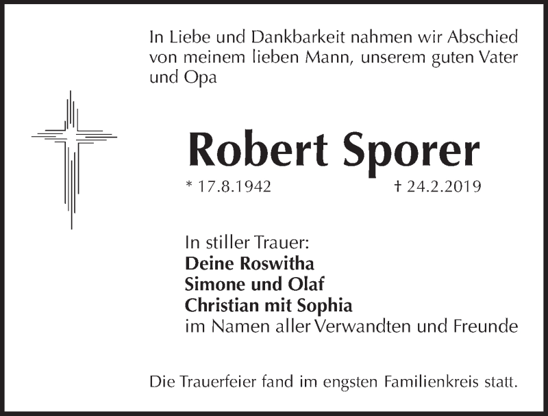  Traueranzeige für Robert Sporer vom 13.04.2019 aus Pegnitz-Zeitung